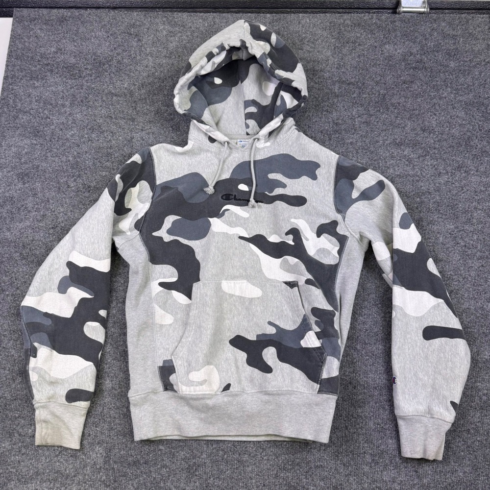 Champion Reverse Weave Camo Hoodie Mens Medium Gray White Camouflage Sweatshirt